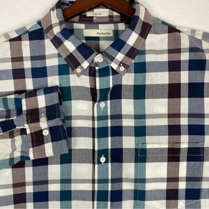 Hawker Rye Button Down Shirt Mens 2XL Brown Teal Plaid Long Sleeve Preppy Casual
